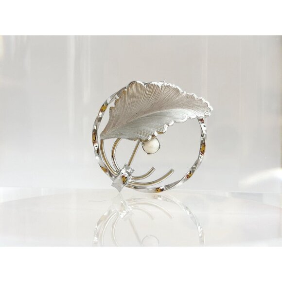 40s Vintage C.R. Co. Art Deco Faux Pearl Foliage Openwork Sterling Silver Brooch - Picture 2 of 10